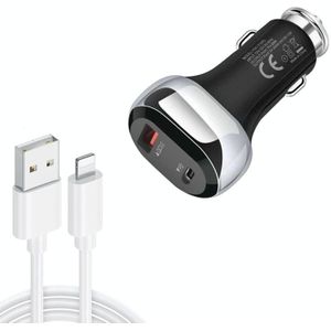 YSY-312PD QC3.0 18W USB + PD 20W USB-C / Type-C Car Charger with USB to 8 Pin Data Cable(Black)