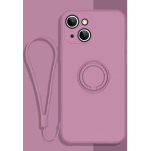 All-inclusive Liquid Silicone Phone Protective Case with Ring Holder & Lanyard For iPhone 13 mini(Cherry Blossom Purple)