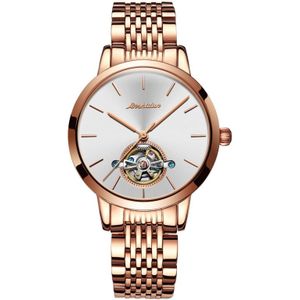 JIN SHI DUN 8812 Women Simple Hollowed Waterproof Automatic Mechanical Watch(Rose Gold Steel Strip White)