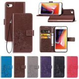 Voor iPhone SE (2020) Vierbladige Gesp In relif Gesp Bescherming Lederen Hoes met Lanyard & Card Slot & Wallet & Bracket-functie(Blauw)