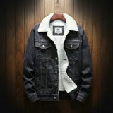 Men Winter Wool Liner Jean Jackets Outerwear Warm Denim Coats  Size:XXXL(Black)