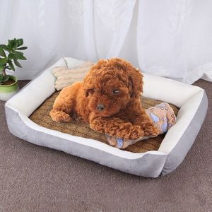 Dog Bone Pattern Big Soft Warm Kennel Pet Dog Cat Mat Blanket  with Rattan Mat & Blanket Size: L  80×60×15cm(Grey White)