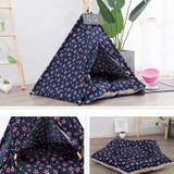 Cotton Canvas Pet Tent Cat and Dog Bed with Cushion  Specification: Medium 50×50×60cm(Navy Red Five-pointed Star)