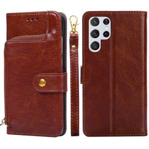 Voor Samsung Galaxy S22 Ultra 5G Zipper Bag PU + TPU Horizontale Flip Lederen Case Met Houder & Card Slot & Wallet & Lanyard (Brown)