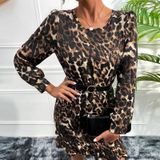 Women Solid Color Leopard Dress (Color:Khaki Size:M)
