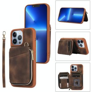 Voor iPhone 13 Pro Max Rits Card Bag Back Cover Phone Case(Bruin)