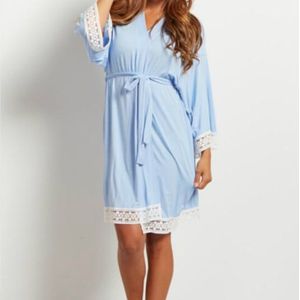 Solid Color Maternity Dress Lace Stitching Three-point Sleeves with Cardigan Breastfeeding Robes Pajamas  Size:S(Blue)
