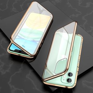For iPhone 11 Ultra Slim Double Sides Magnetic Adsorption Angular Frame Tempered Glass Magnet Flip Case(Gold)