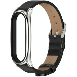 For Xiaomi Mi Band 6 / 5 / 4 / 3 Mijobs Metal Case Crazy Horse Texture PU Microfiber Plus Replacement Watchband(Black Silver)