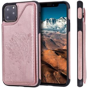 For iPhone 11 Pro Max Cat Tree Embossing Pattern Shockproof Protective Case with Card Slots & Photo Frame(Rose Gold)