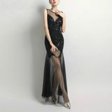 Pailletten Beading Avondjurken Mermaid Long Formal Prom Party Dress  Maat:XL(Zwart)