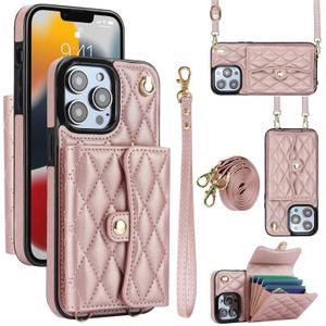 Voor iPhone 13 Pro Max Crossbody Ruitvormige horizontale portemonnee lederen telefoonhoes (rosé goud)