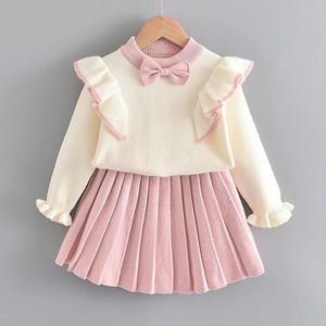 Girls Flying Sleeve Knitted Sweater Suit (Color:Pink Size:110)