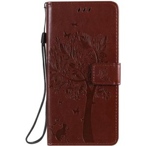 Voor Oppo Reno3 5G/ Zoek X2 Lite Tree & Cat In relif Patroon Horizontaal Flip Lederen Case met Holder & Card Slots & Wallet & Lanyard(Koffie)