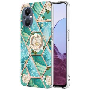 Voor OnePlus Nord N20 5G splitsen marmeren bloempatroon TPU ringhouder (blauwe bloem)