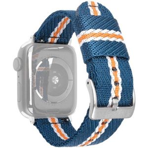 Nylon vlecht zilver gesp vervangende band horlogeband voor Apple Watch Series 6 & SE & 5 & 4 44mm / 3 & 2 & 1 42mm (blauw wit geel)