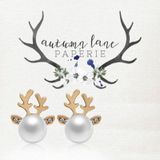 Micro-set Pearl Antler Earrings Deer Head  Earrings Elk Ear Studs(Gold)