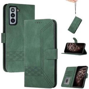 Voor Samsung Galaxy S21 FE 5G Cubic Skin Feel Flip Leren Telefoonhoes (Dark Green)