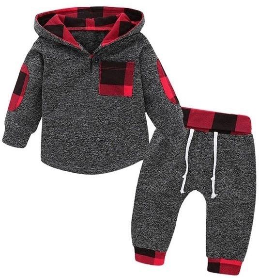 Hoodies Peuter Plaid Hooded Tops Long Pants Kids Set  Kid Size:90cm (Donkergrijs)