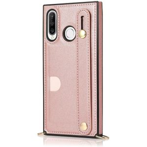 For Huawei P30 Lite Wrist Strap PU+TPU Shockproof Protective Case with Crossbody Lanyard & Holder & Card Slot(Rose Gold)