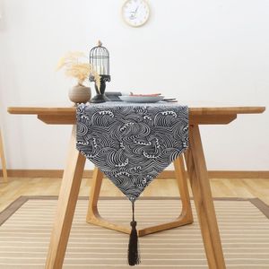 Cotton Linen Tea Table Dining Table Table Flag Retro Tablecloth  Size:30x240cm(Wave)