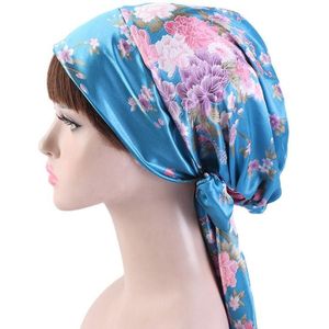 2 PCS TJM-226 Ladies Satin Print Ribbon Bow Turban Hat Night Cap Silk Chemotherapy Hat Long Tail Braid Hat(Lake Blue)