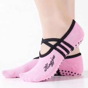 1 Pair Sports Yoga Socks Slipper for Women Anti Slip Lady Damping Bandage Pilates Sock  Style:stripes parallel bars and lace-up(Pink)