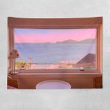 Sea View Window Background Cloth Fresh Bedroom Homestay Decoration Wall Cloth Tapestry  Size: 150x130cm(Window-1)