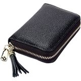 Genuine Cowhide Leather Solid Color Zipper Card Holder Wallet RFID Blocking Card Bag Protect Case Coin Purse with Tassel Pendant & 15 Card Slots for Women  Size: 11.1*7.6*3.5cm(Black)