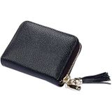 Genuine Cowhide Leather Solid Color Zipper Card Holder Wallet RFID Blocking Card Bag Protect Case Coin Purse with Tassel Pendant & 15 Card Slots for Women  Size: 11.1*7.6*3.5cm(Black)