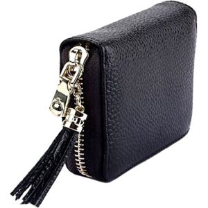 Genuine Cowhide Leather Solid Color Zipper Card Holder Wallet RFID Blocking Card Bag Protect Case Coin Purse with Tassel Pendant & 15 Card Slots for Women  Size: 11.1*7.6*3.5cm(Black)