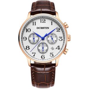 Ochstin 6050E multifunctioneel quartz heren lederen horloge (roségoud + koffie)