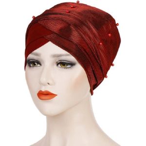 2 PCS Women Beaded Two-color Turban Hat Bright Silk Cloth Hooded Cap(Red Wine)