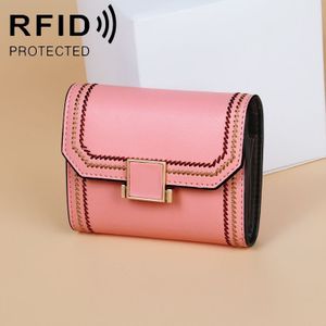 KB190 Cover Type Snap Button Cowhide Leather Organ Shape Multiple Card Slots Anti-magnetic RFID Wallet for Ladies(Pink)