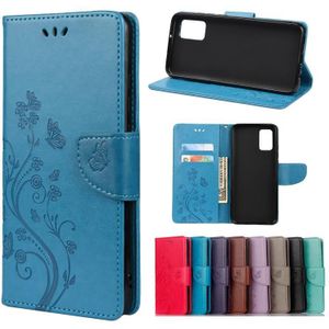 Voor Samsung Galaxy A32 5G Vlinder bloem patroon horizontale flip lederen geval met houder en kaart slots &portemonnee (blauw)