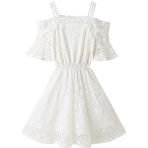 Girls Lace Sling Short Sleeve Dress (Color:White Size:140)