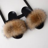 Fox Fur Slippers Flip-flops Non-slip Platte Bont Schoenen Sandalen voor dames  schoenmaat:38-39(24cm)(Black Cream)