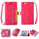 For iPhone 6 Plus & 6s Plus Multifunctional Zipper Horizontal Flip Leather Case with Holder & Wallet & 9 Card Slots & Lanyard(Rose Red)