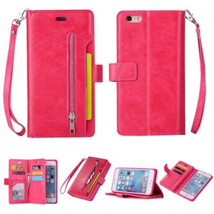 For iPhone 6 Plus & 6s Plus Multifunctional Zipper Horizontal Flip Leather Case with Holder & Wallet & 9 Card Slots & Lanyard(Rose Red)