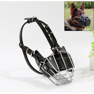 Steel Cage Style Dog Basket Wire Muzzle Protective Snout Cover with Leather Strap  Size: M(Black)