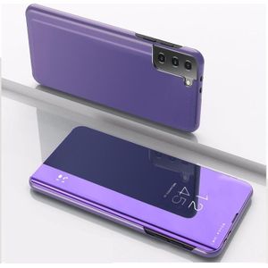 For Samsung Galaxy S21 FE Plated Mirror Horizontal Flip Leather Case with Holder(Purple Blue)