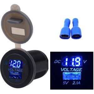Universal Car Single Port USB Charger Power Outlet Adapter 2.1A 5V IP66 with LED Digital Voltmeter + 60cm Cable(Blue Light)