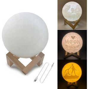 Customized Patted 3-color 3D Print Moon Lamp USB Charging Energy-saving LED Night Light with Wooden Holder Base  Diameter:10cm