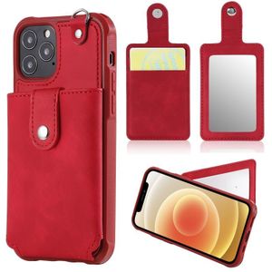 Shockproof Protective Case with Mirror & Card Slot & Short Lanyard For iPhone 12 / 12 Pro(Red)