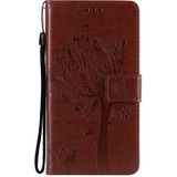 For Samsung Galaxy S21 5G Tree & Cat Pattern Pressed Printing Horizontal Flip PU Leather Case with Holder & Card Slots & Wallet & Lanyard(Coffee)