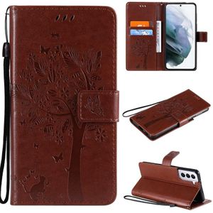 For Samsung Galaxy S21 5G Tree & Cat Pattern Pressed Printing Horizontal Flip PU Leather Case with Holder & Card Slots & Wallet & Lanyard(Coffee)