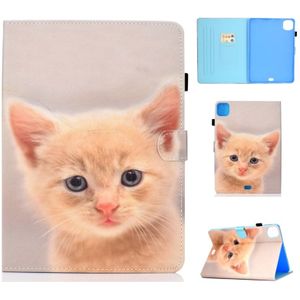 Voor iPad Pro 11 (2020) Naaidraad Horizontaal geschilderde platte leren behuizing met slaapfunctie & pencover & antistrip - kaartslot & houder(Cute Cat)