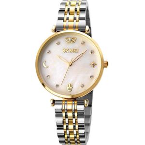 SKMEI 1800 Simple Diamond Round Dial Stainless Steel Strap Quartz Watch for Ladies(Gold)