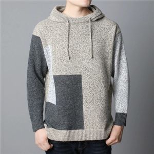 Colorblock Knit Long Sleeve Hoodie Loose Pullover for Men (Color:Khaki Size:XXXXL)