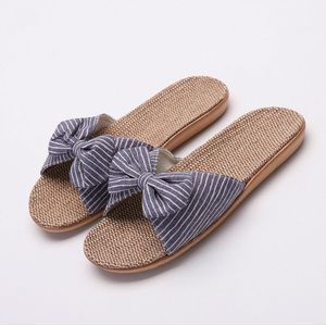 Vrouwen open teen linnen gestreepte Home indoor slippers  grootte: 37-38 (donkerblauw)